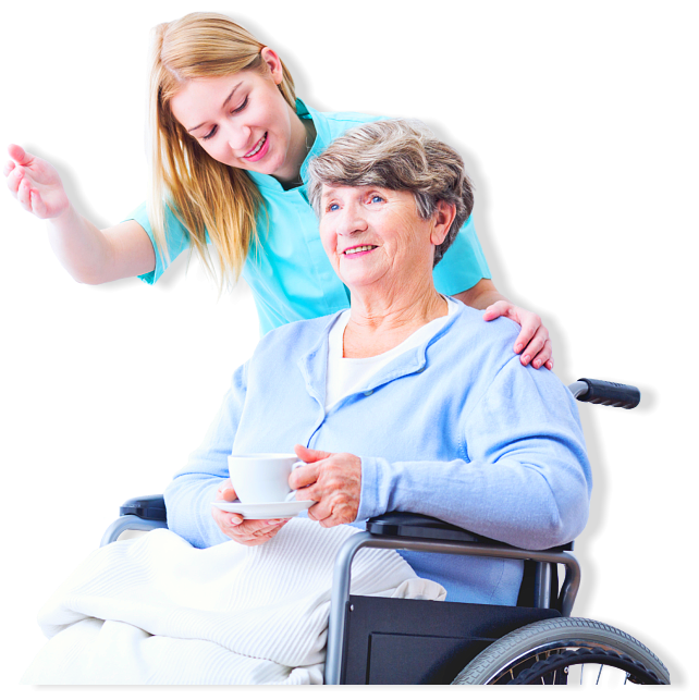elder woman in a wheelchair with caregiver